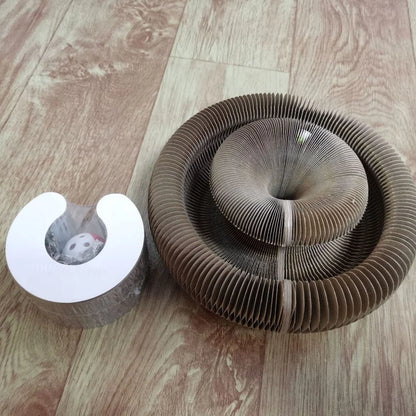 Corrugated paper cat scratcher with included cat toy
