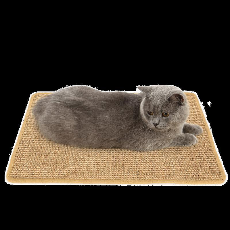 Cat resting on a natural sisal scratching mat