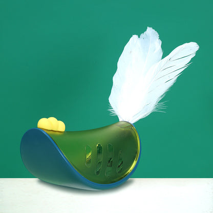 Green and blue cat tumbler toy with feather attachment