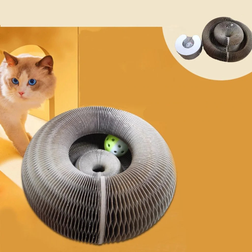 Cat beside a round corrugated paper cat scratcher