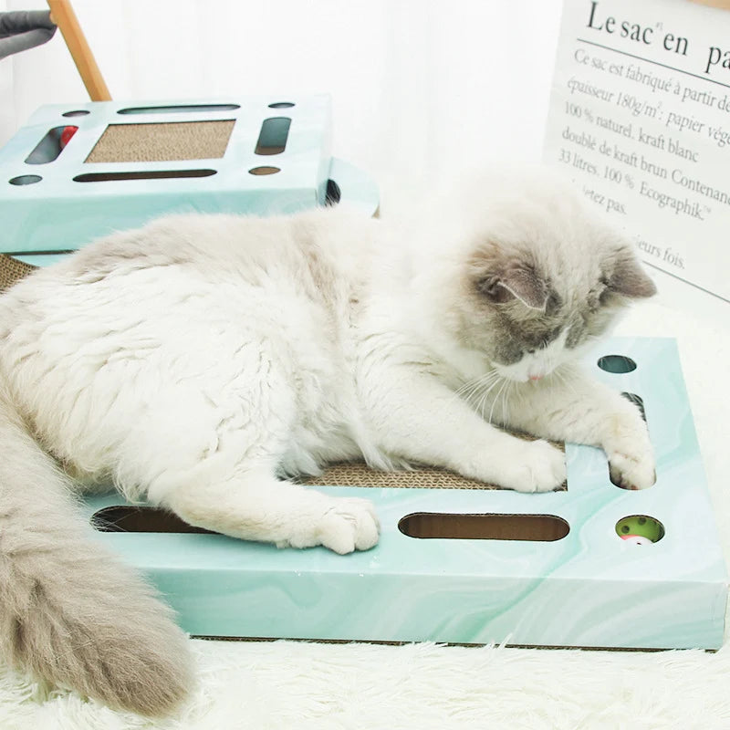 Cat using a large rectangular cat scratching board