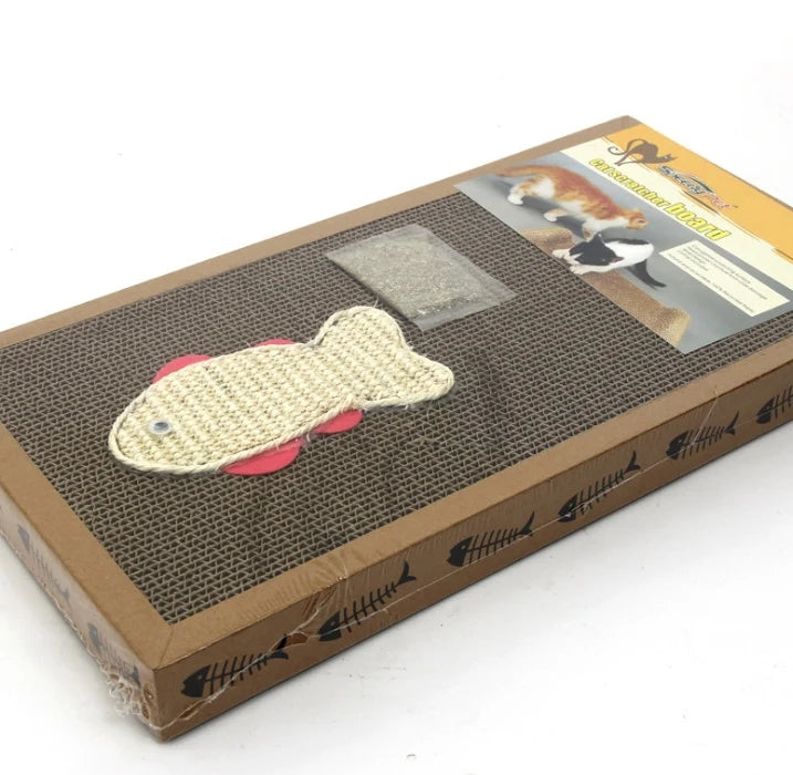 Close-up of a large rectangular cat scratching board with cat toy