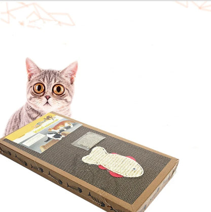 Cat beside a large rectangular cat scratching board