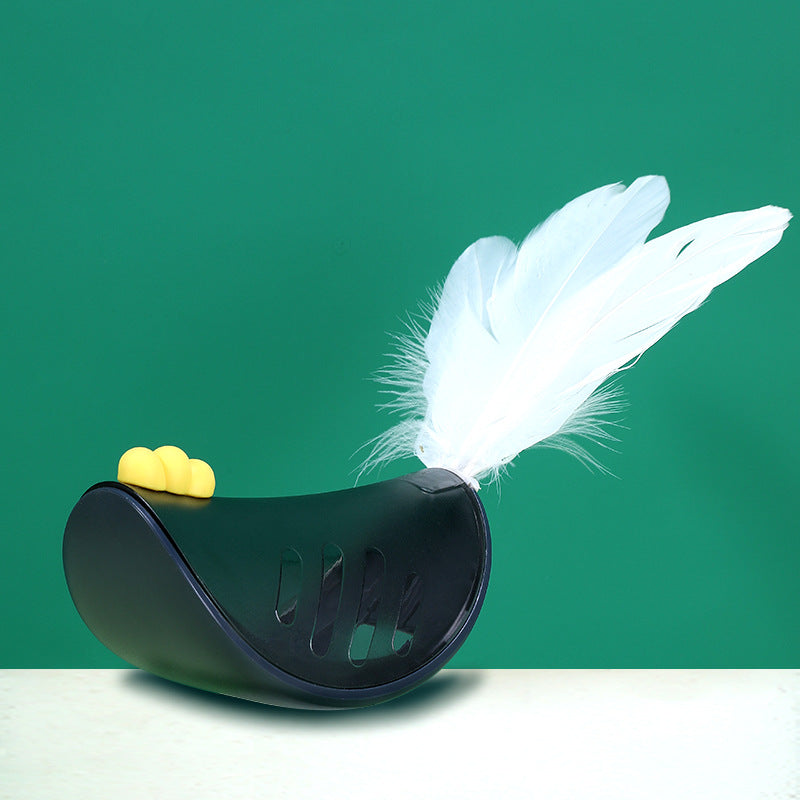 Navy blue cat tumbler toy with feather attachment