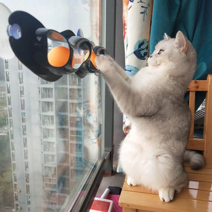 Cat playing with a windowsill cat track ball toy
