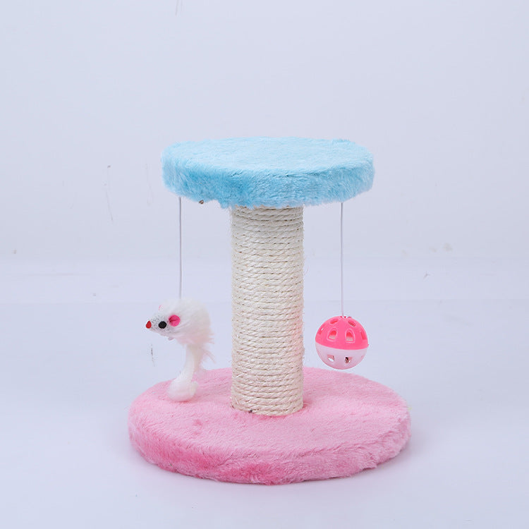 Small cat scratching post with hanging toys and raised top