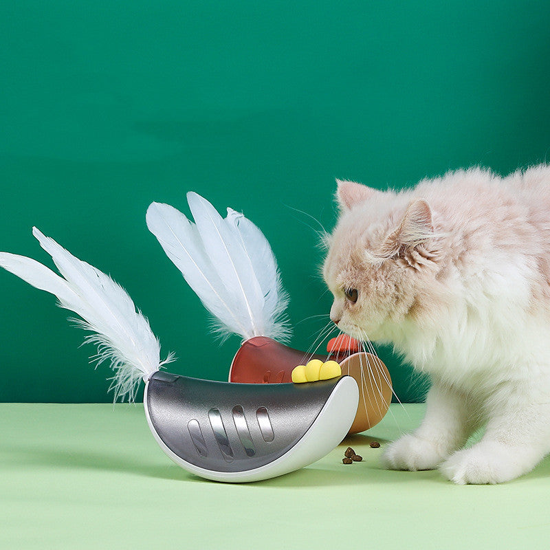 Cat interacting with a feather cat tumbler toy
