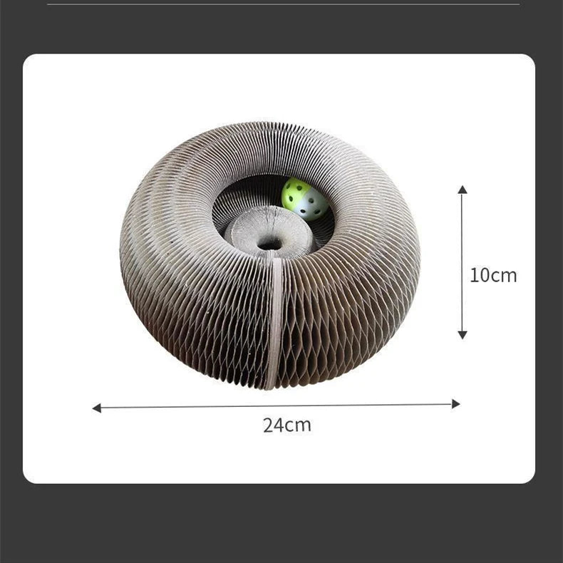 Round corrugated paper cat scratcher showing 24 cm by 10 cm dimensions