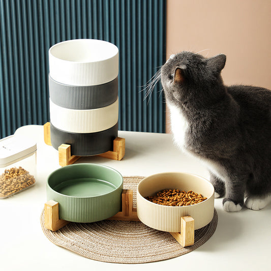 Raised ceramic pet bowl with wooden frame