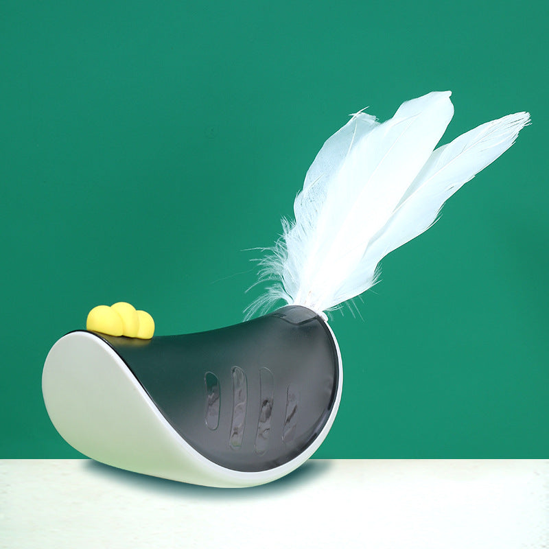 Grey cat tumbler toy with feather attachment