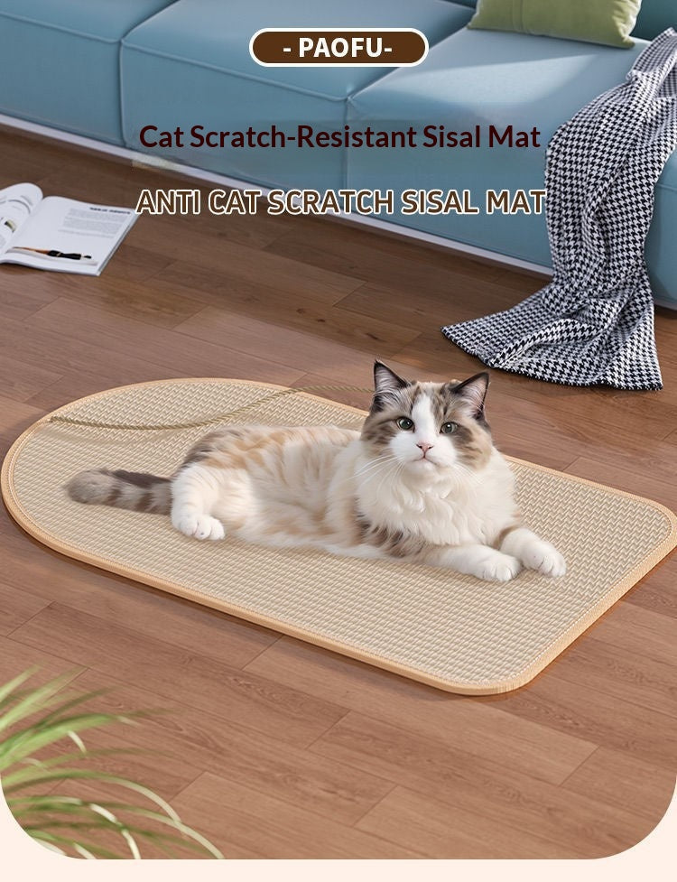 Sisal cat scratching mat shown on the floor with a resting cat