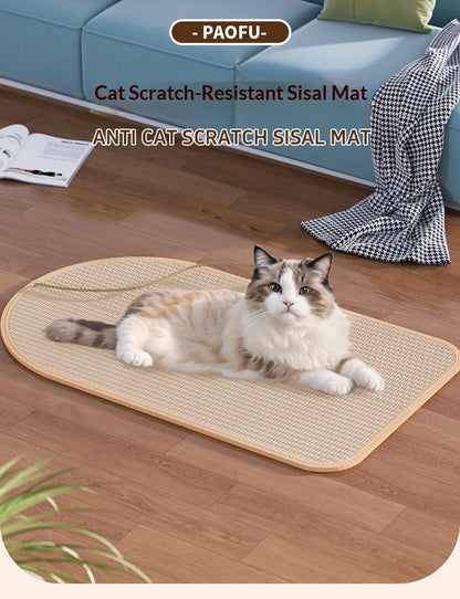 Sisal cat scratching mat shown on the floor with a resting cat